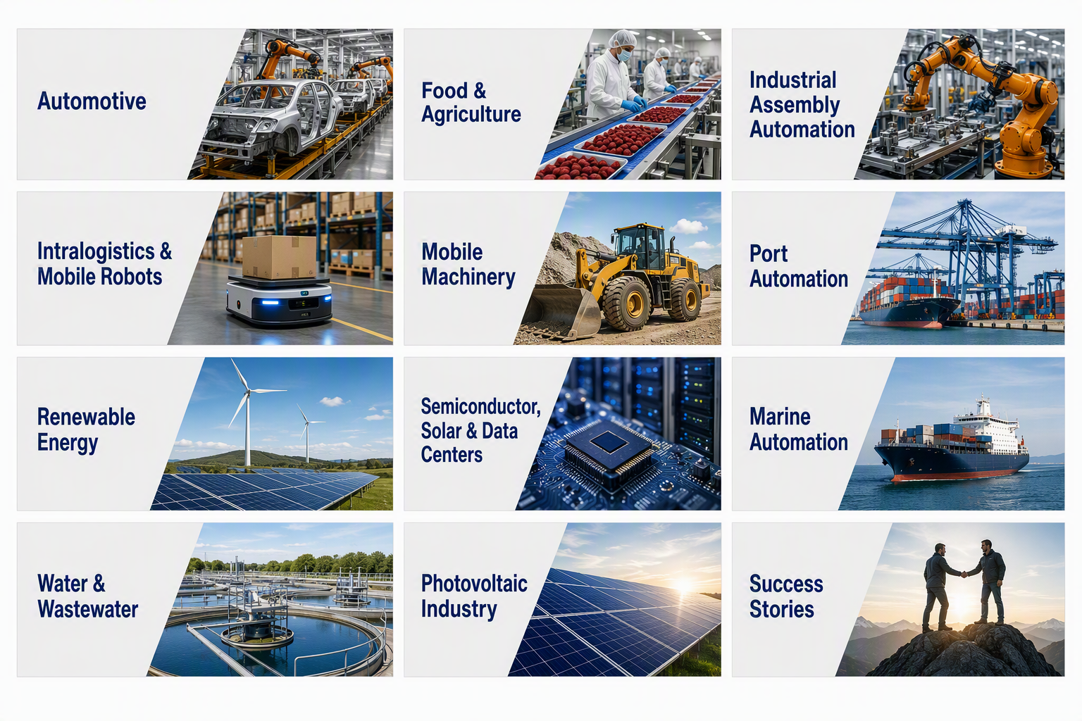 Domenzi industry solutions for automotive, food and agriculture, industrial automation, logistics, mobile machinery, ports, renewable energy, semiconductor and data centers, marine, water treatment, photovoltaic and customer success